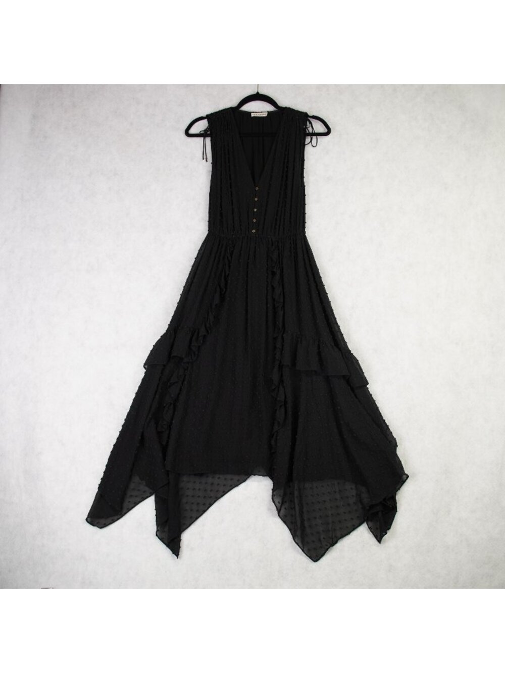 Ulla Johnson Black Tiered Maxi Dress Sz 6 V-Neckline Button Front & Ruffle Hem